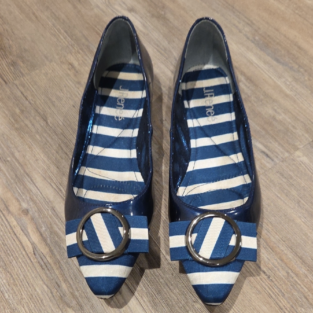 J.Renee Navy Patent Pointed Flats with Striped Bow and Silver Buckle
